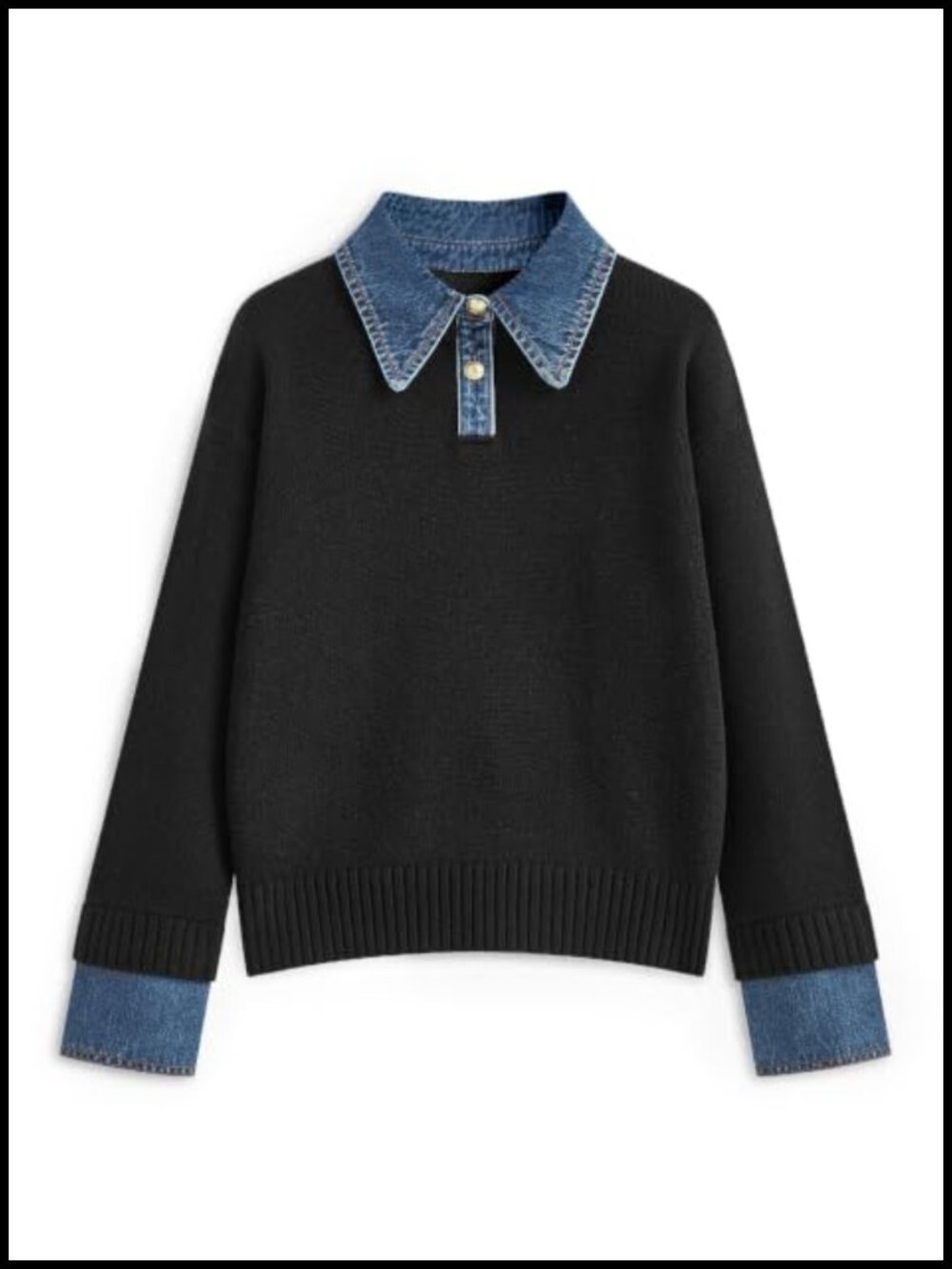 Women's Oversized Knit Sweater with Denim Collar and Cuffs